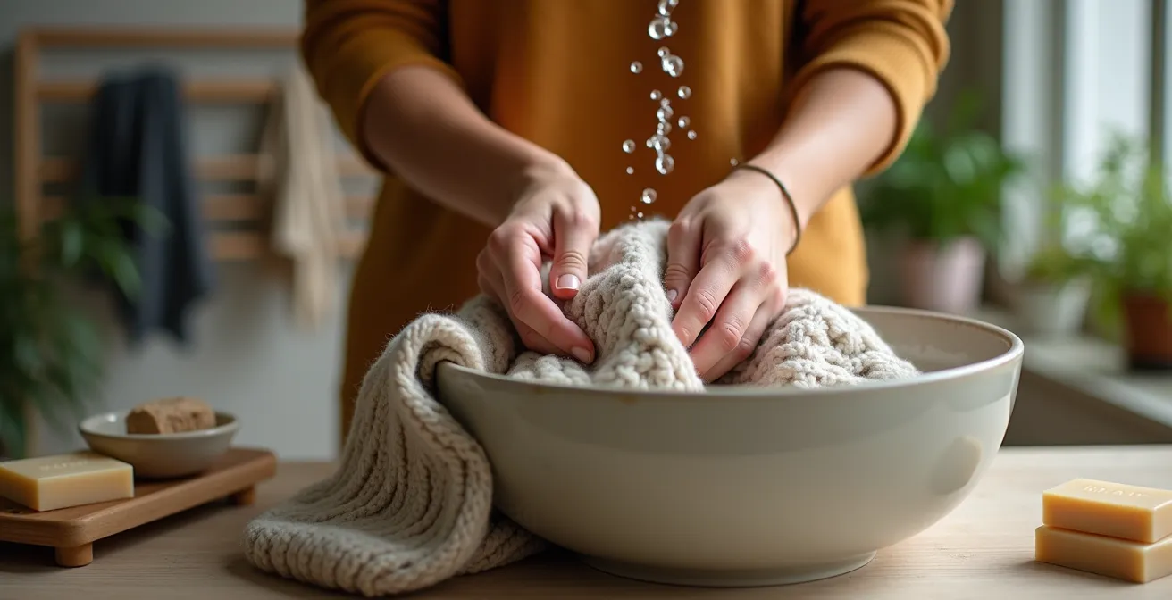 Scène minimaliste d'une buanderie écologique avec des vêtements séchant naturellement sur des étendoirs en bois