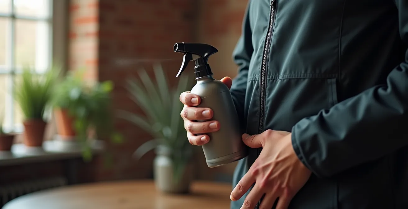 Veste technique suspendue dans une salle de lavage avec produits d'entretien Nikwax