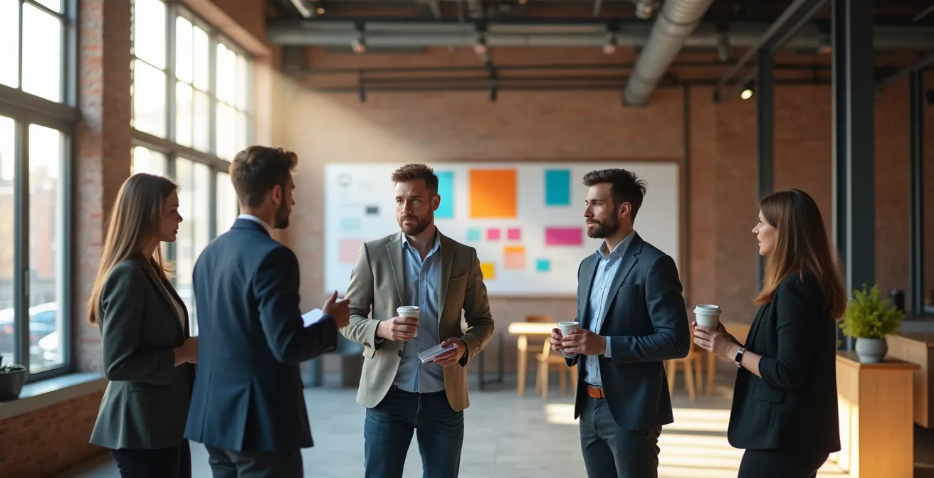 Équipe diversifiée en mêlée quotidienne debout dans un espace de travail ouvert montréalais