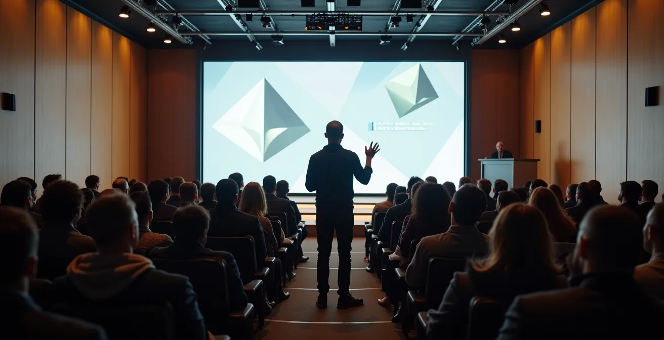 Salle de conférence moderne remplie d'audience diversifiée écoutant une présentation sur l'intelligence artificielle