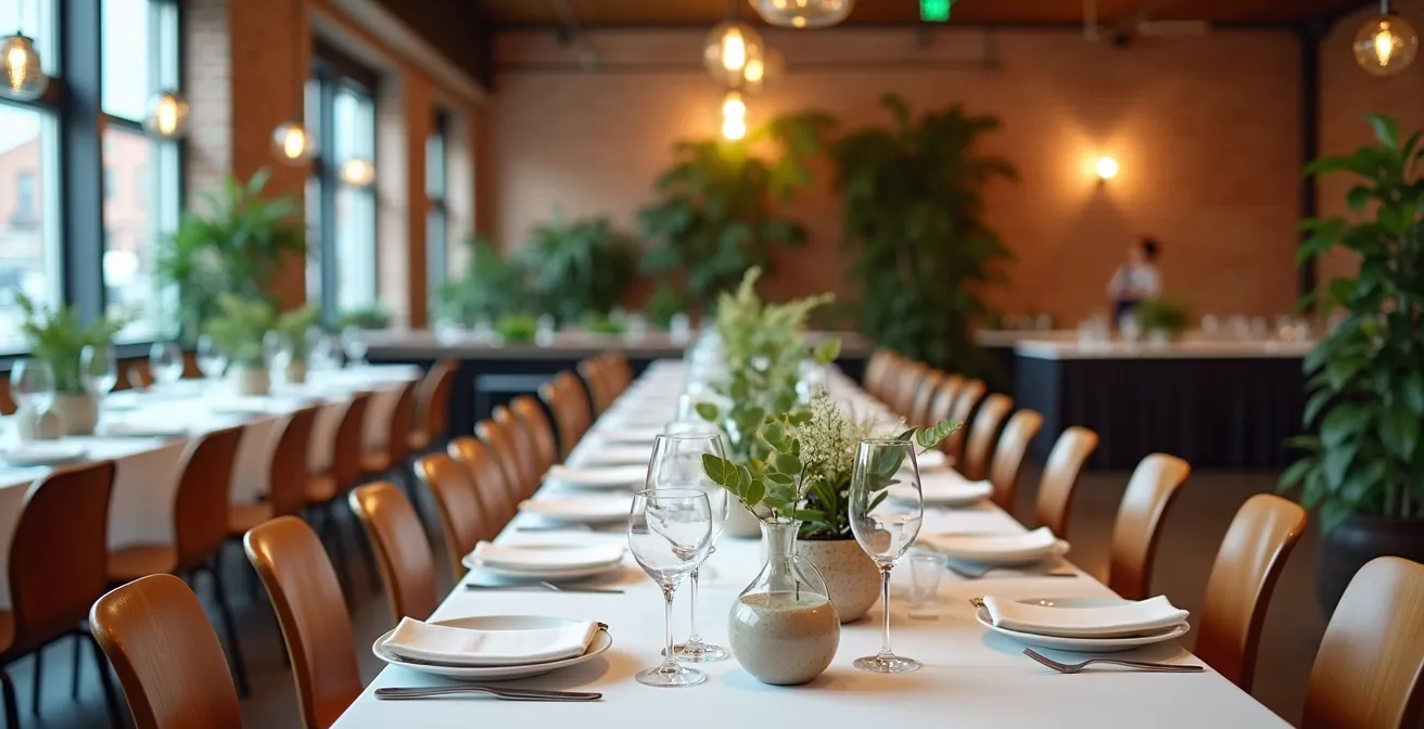 Table d'événement corporatif élégante avec vaisselle réutilisable et stations de tri