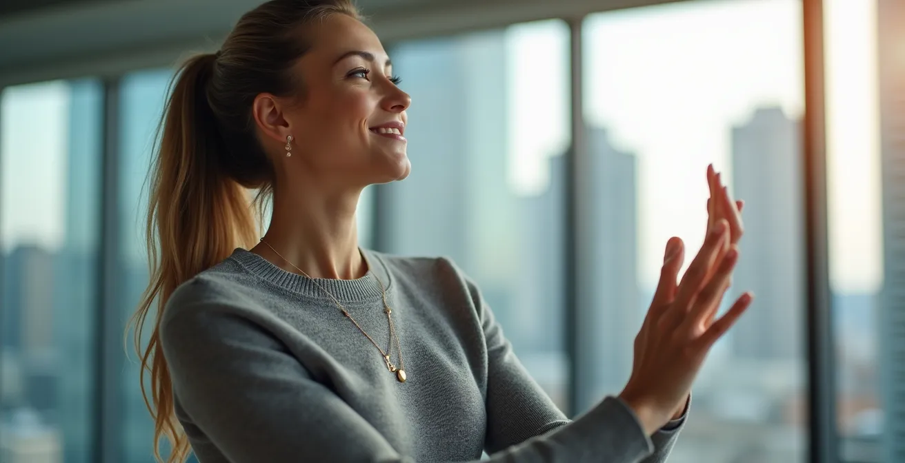 Personne effectuant discrètement l'exercice du polichinelle dans un bureau moderne avec vue sur le centre-ville de Montréal