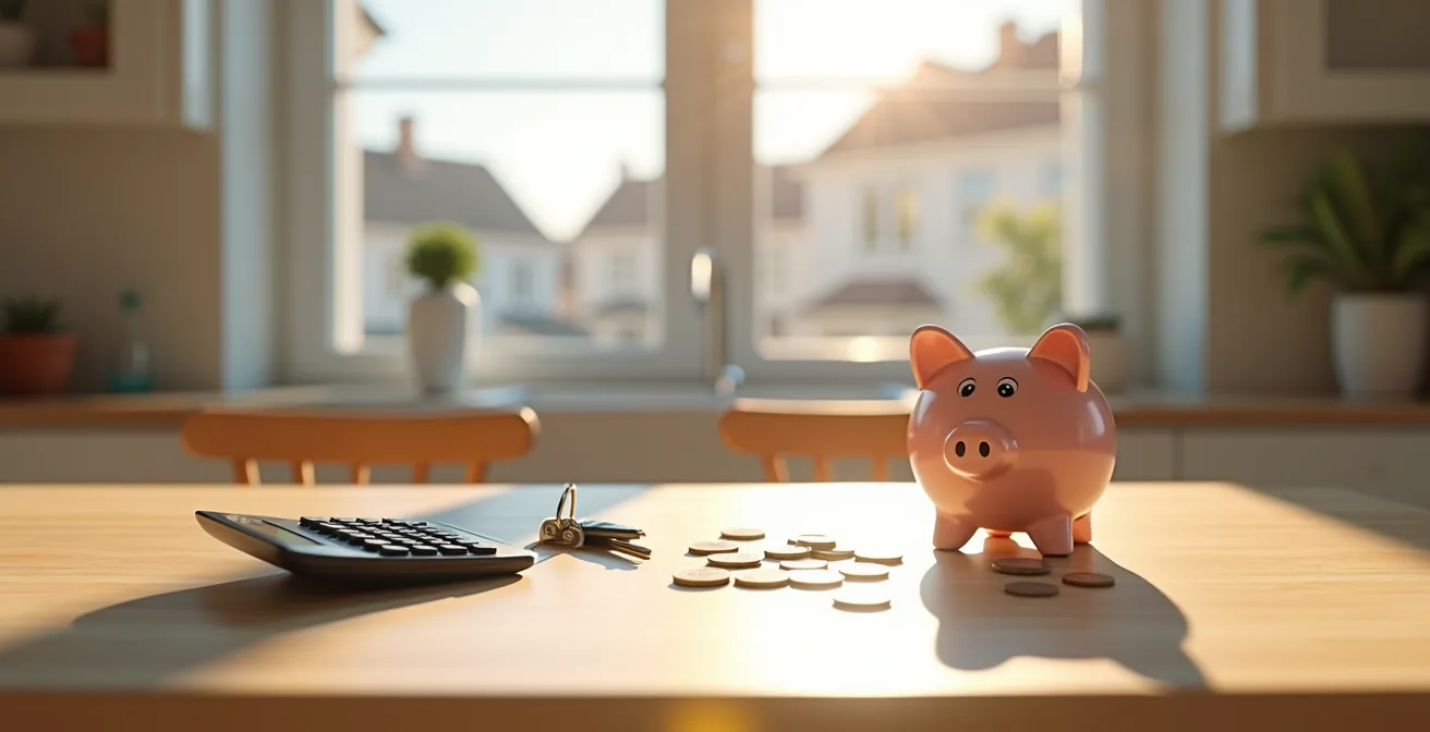 Vue large d'une cuisine familiale avec calculatrice et documents d'économies sur la table