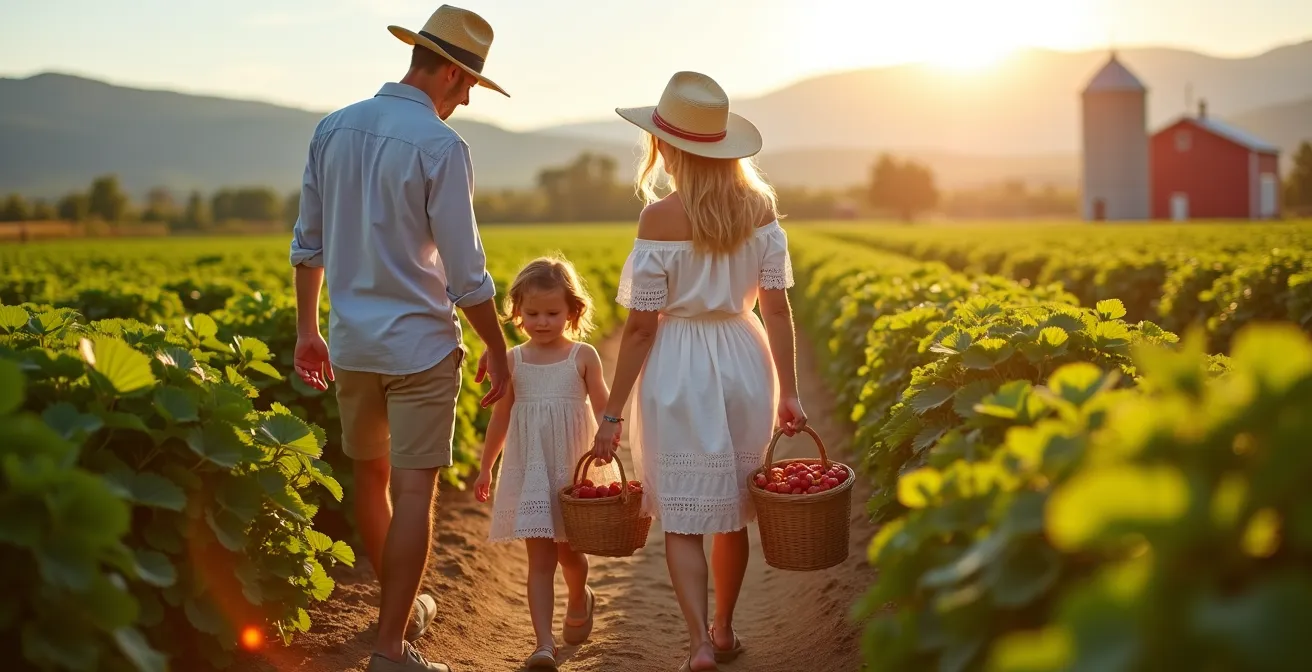Famille avec enfants dans une ferme d'autocueillette près de Montréal