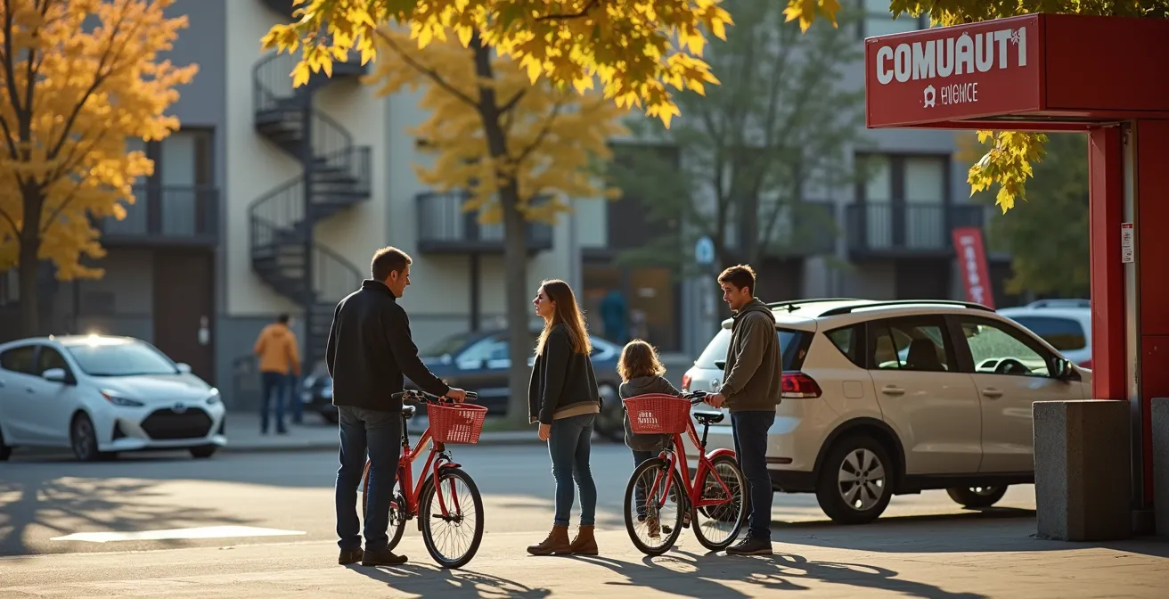 Famille montréalaise utilisant différents modes de transport dans le quartier Plateau