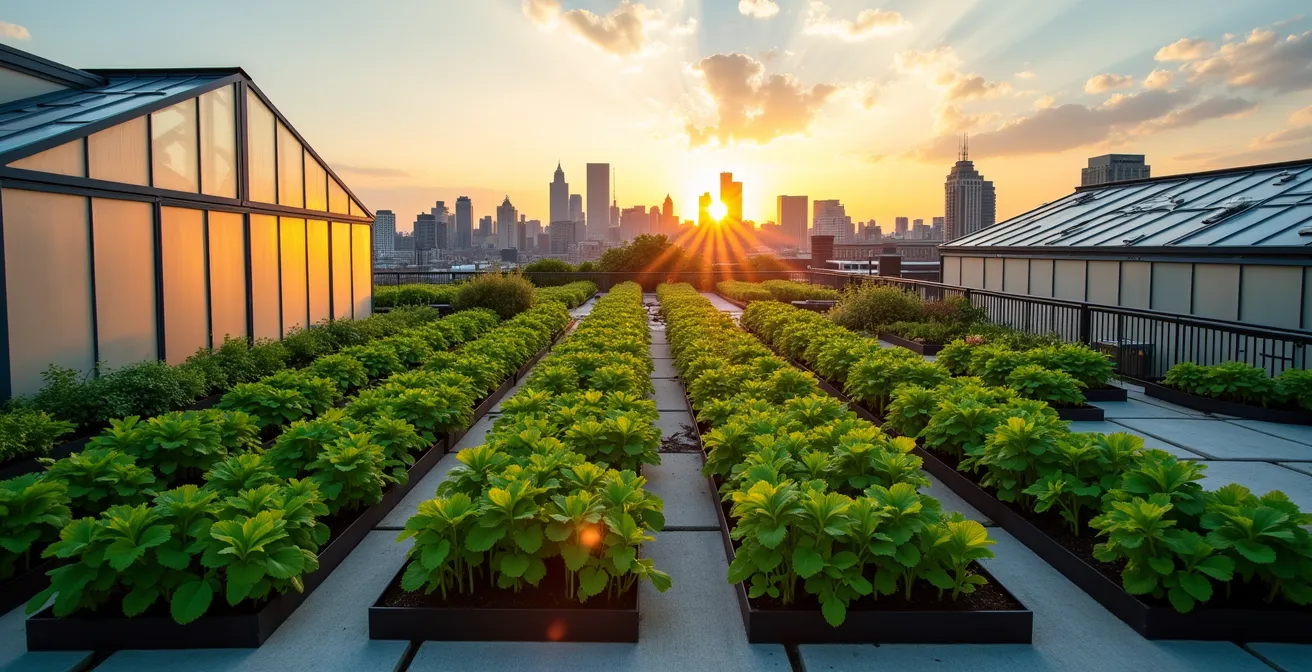 Vue aérienne d'une ferme sur toit à Montréal avec serres et jardins urbains