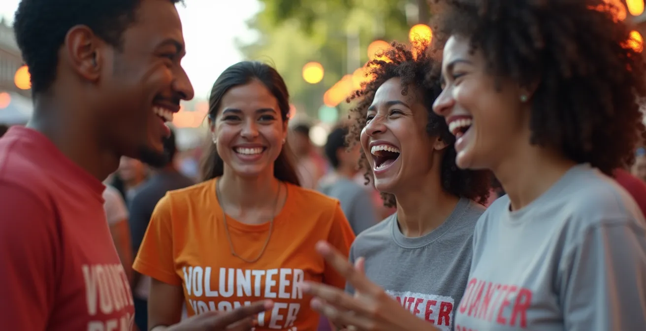 Portrait chaleureux de bénévoles diversifiés lors d'un festival montréalais