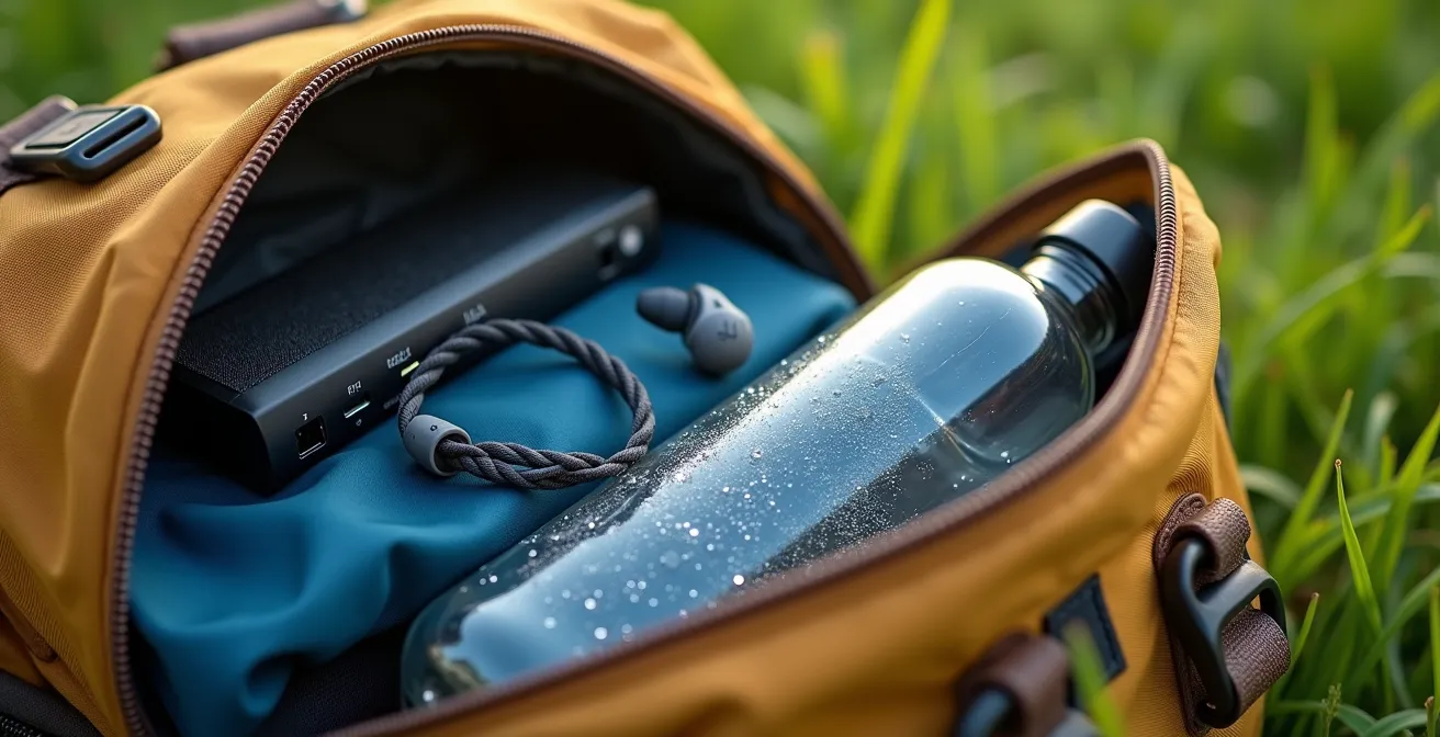 Sac ouvert de festivalier avec équipement essentiel disposé sur l'herbe du parc