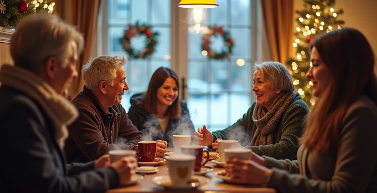 Voisins partageant chocolat chaud et soupes dans hall d'immeuble décoré pour l'hiver