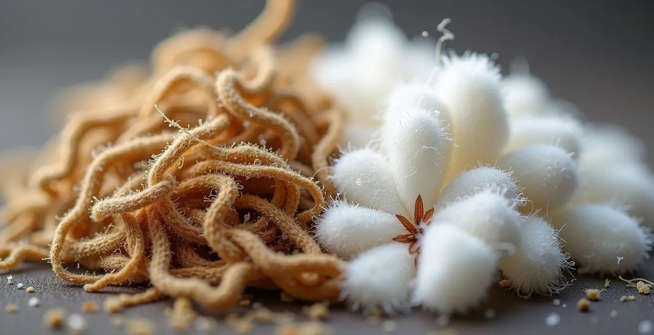 Comparaison macro des fibres de chanvre et coton biologiques