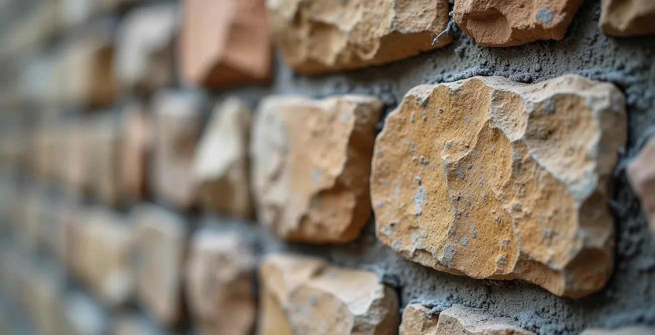 Vue macro détaillée d'une fondation en pierres des champs typique de Montréal