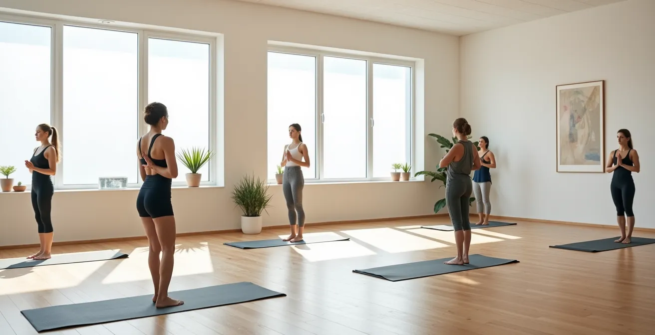 Vue large d'une salle de formation lumineuse avec des participants pratiquant des exercices de sophrologie