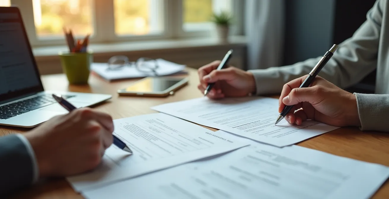 Bureau administratif avec documents officiels et ordinateur portable montrant une demande en ligne