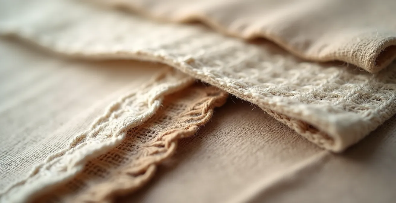 Vue macro détaillée de tissus naturels superposés montrant les textures du lin, de la laine mérinos et du coton biologique