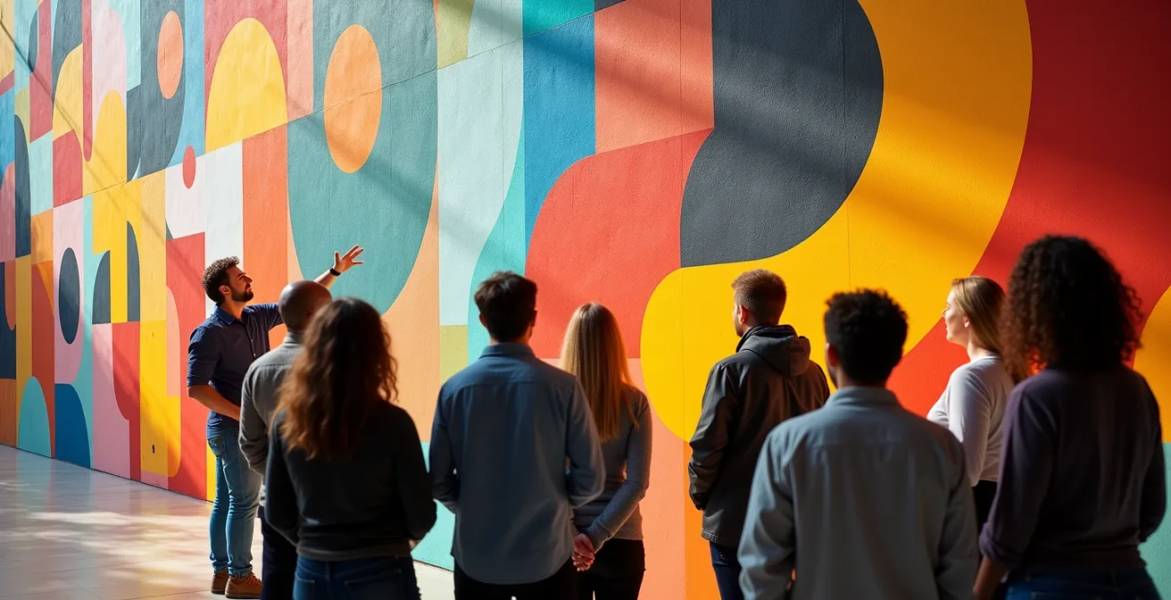Guide montrant une murale colorée à un petit groupe de visiteurs attentifs