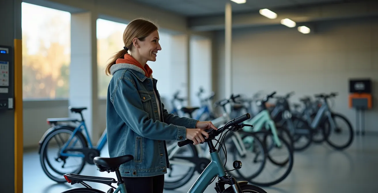 Espace de stationnement vélo moderne et sécurisé avec station de réparation et bornes de recharge électrique