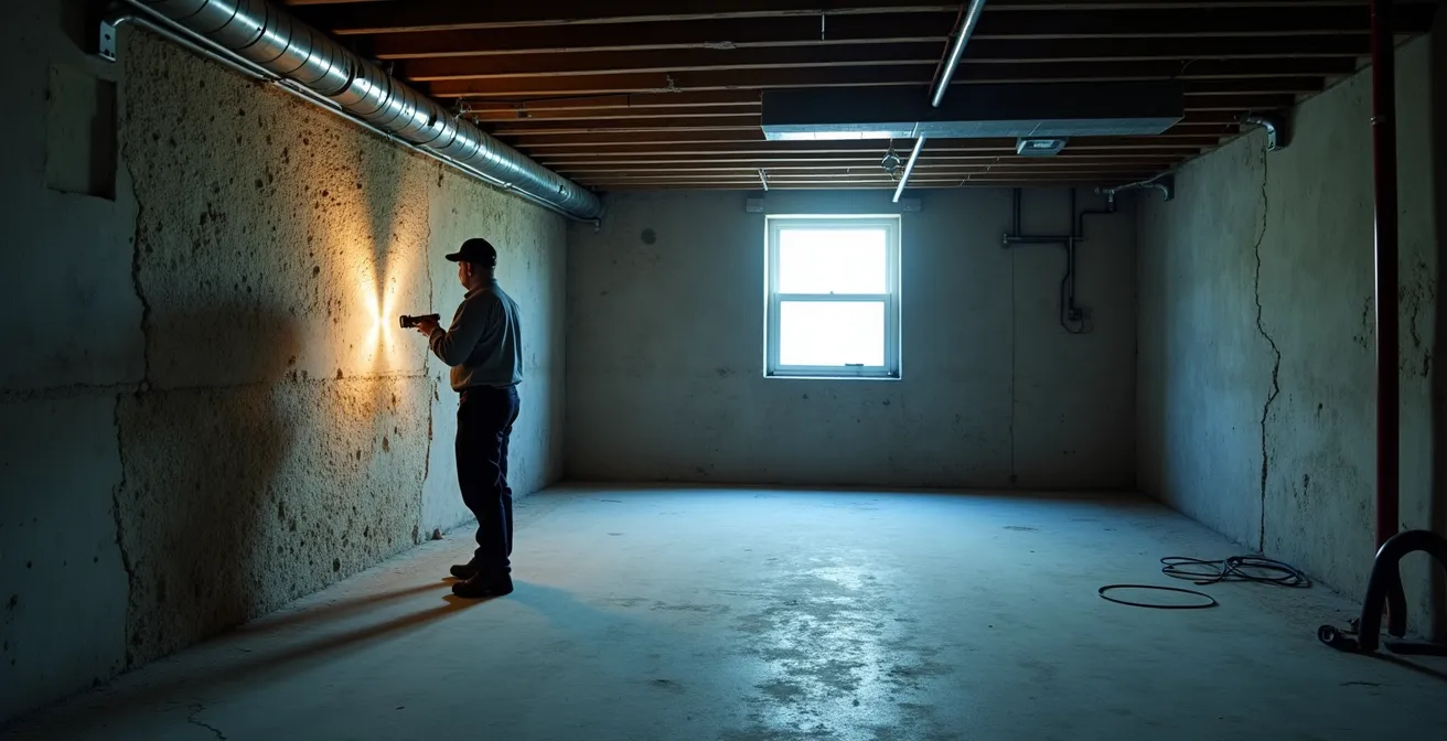 Inspecteur examinant les fondations en pierre d'un sous-sol de duplex centenaire à Montréal