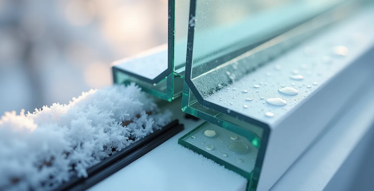 Vue en coupe d'une fenêtre triple vitrage montrant les trois couches de verre et les intercalaires