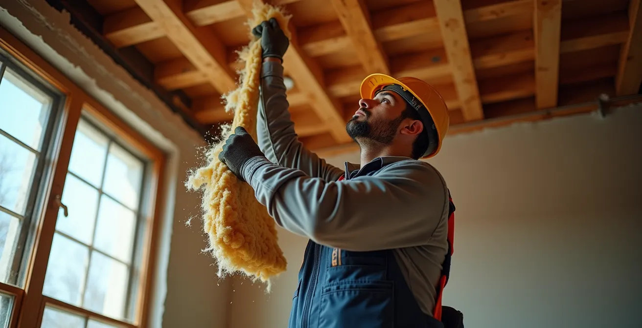 Ouvrier installant de la laine acoustique entre les solives d'un plafond de Plex montréalais
