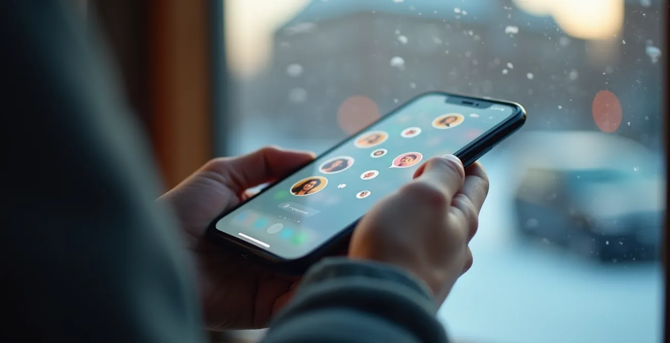 Main tenant un téléphone montrant une conversation de groupe de voisins montréalais