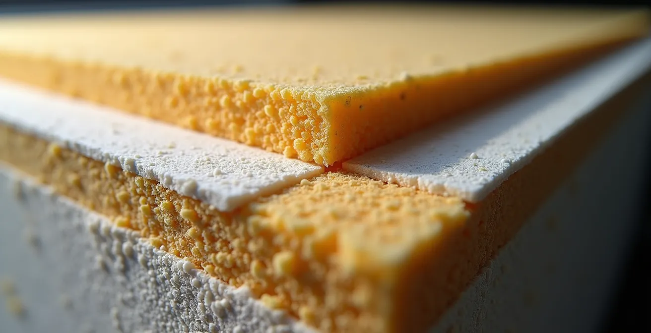 Coupe transversale d'un mur avec matériaux d'isolation phonique superposés