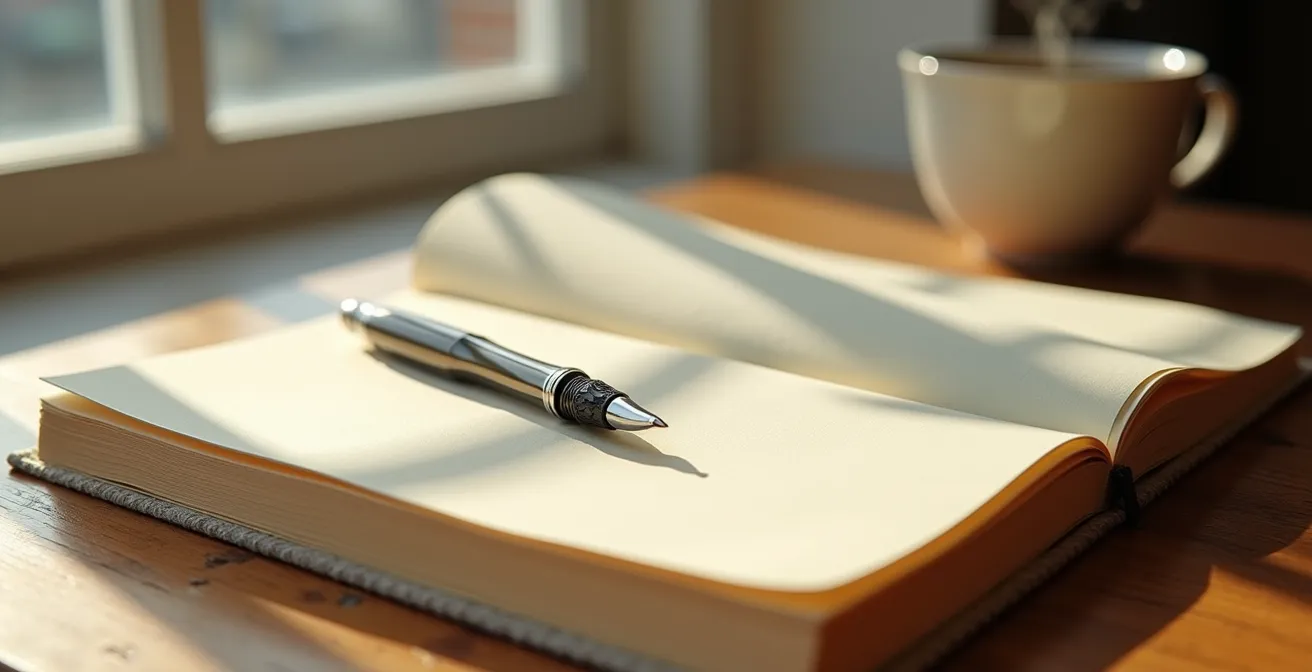 Carnet ouvert avec une plume posée délicatement, baigné dans une lumière matinale dorée