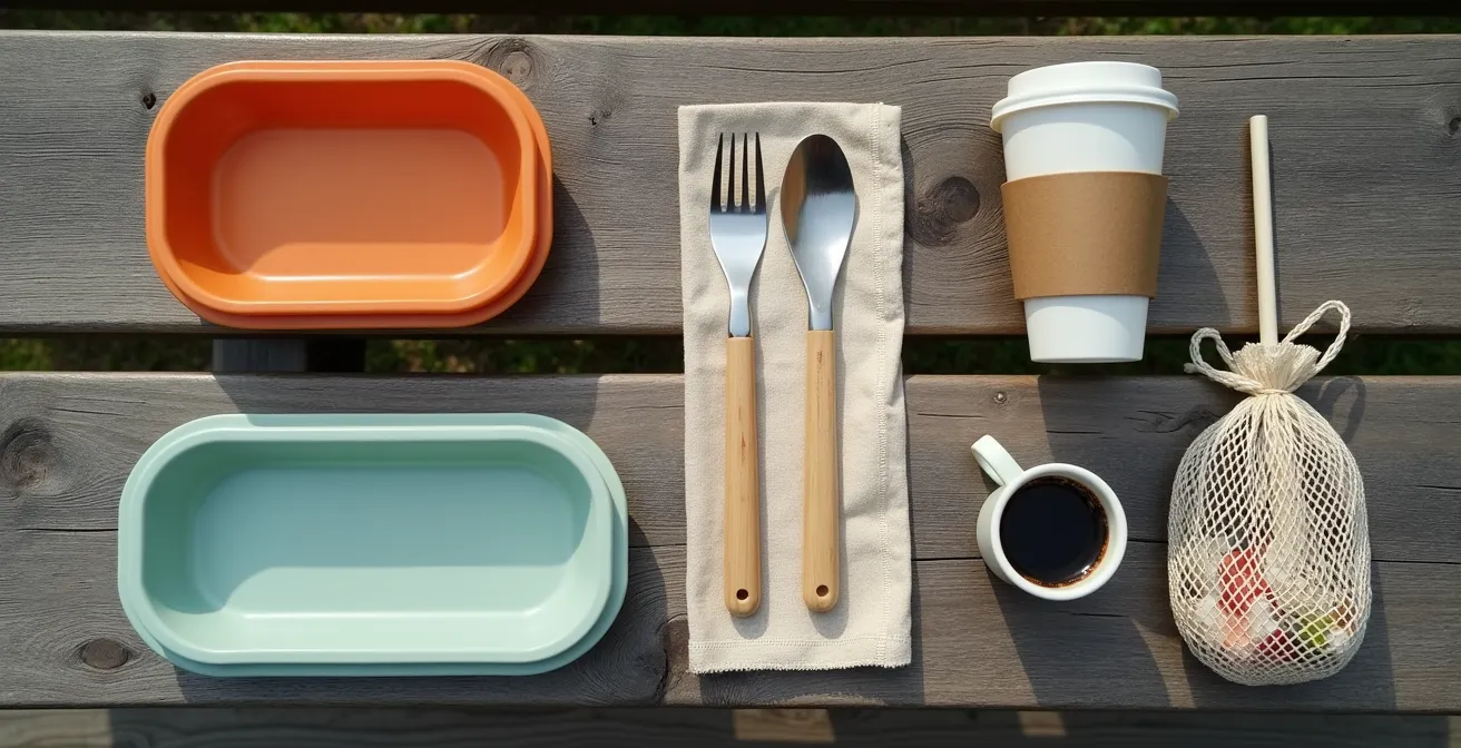 Kit de voyage zéro déchet étalé sur une surface en bois