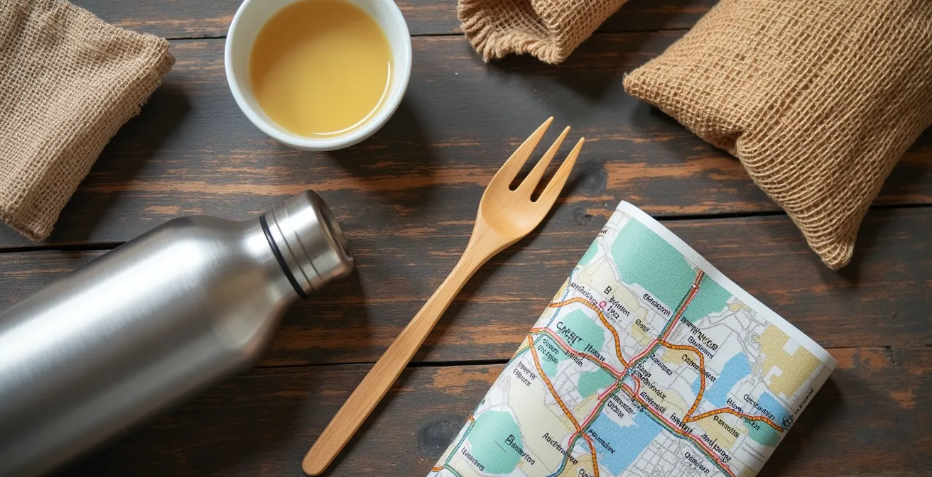 Kit de voyage zéro déchet avec contenants réutilisables et carte de Montréal
