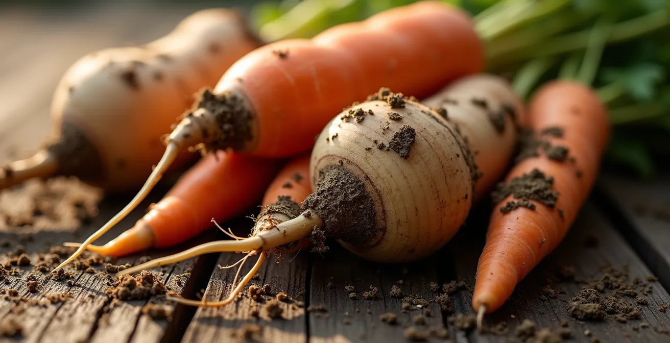 Gros plan sur des légumes racines d'hiver québécois fraîchement récoltés avec de la terre
