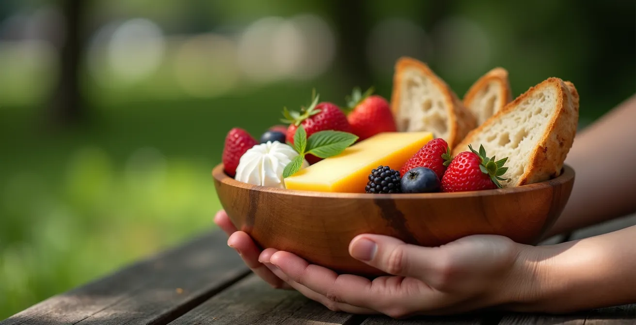 Gros plan sur des mains tenant délicatement un bol de nourriture colorée dans un parc verdoyant