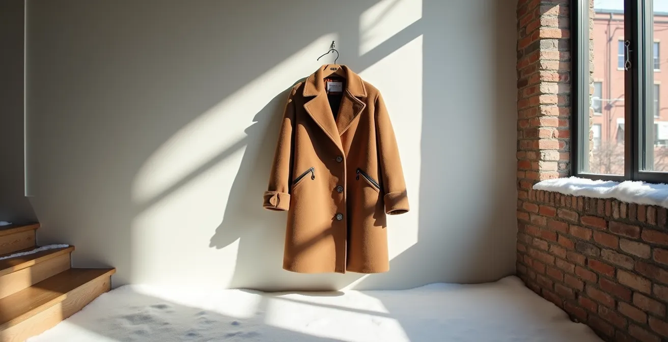 Manteau d'hiver de qualité suspendu dans un environnement minimaliste avec une lumière naturelle.