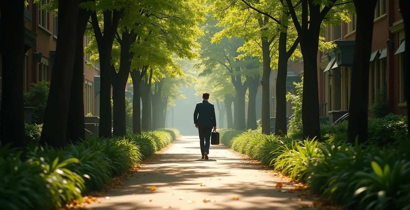 Professionnel marchant dans une ruelle verte de Montréal en route vers le travail