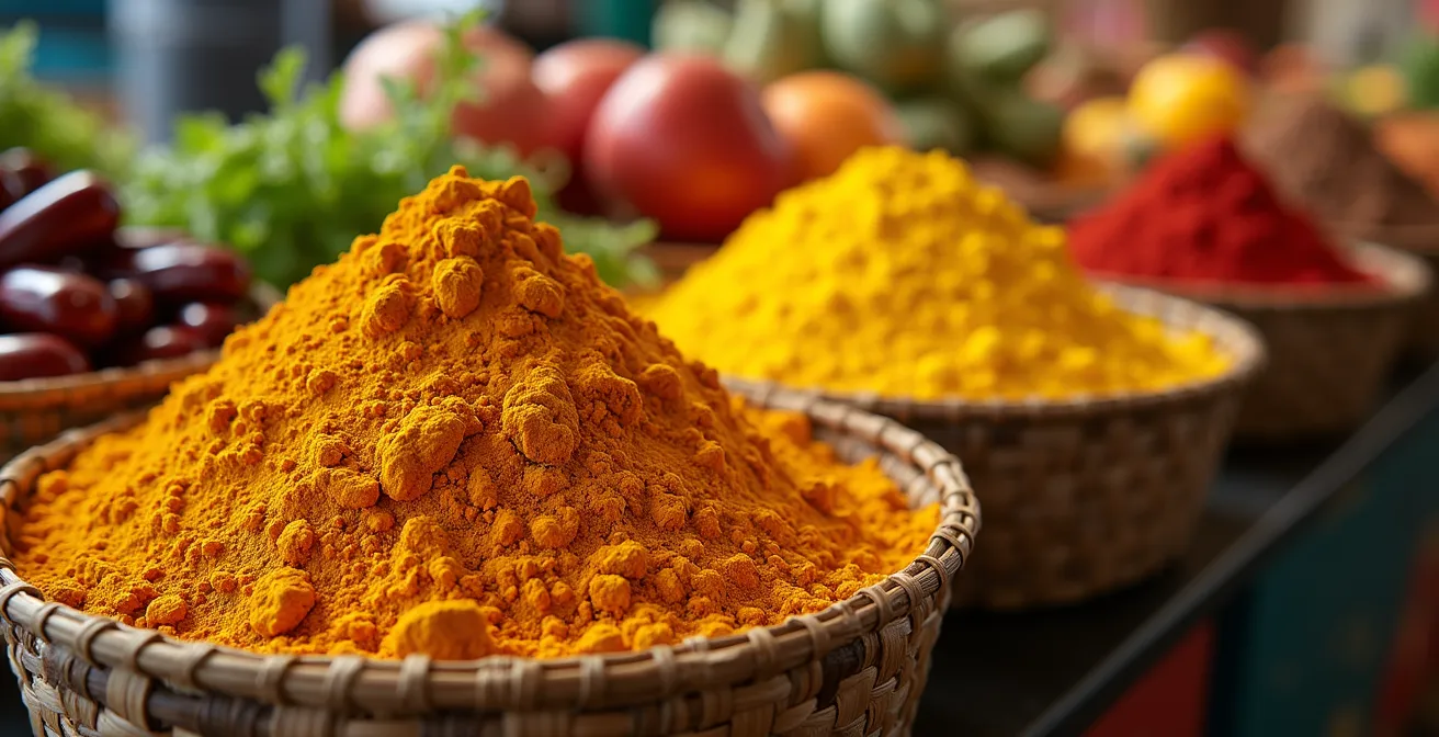 Vue macro détaillée d'épices colorées et produits exotiques dans un marché montréalais