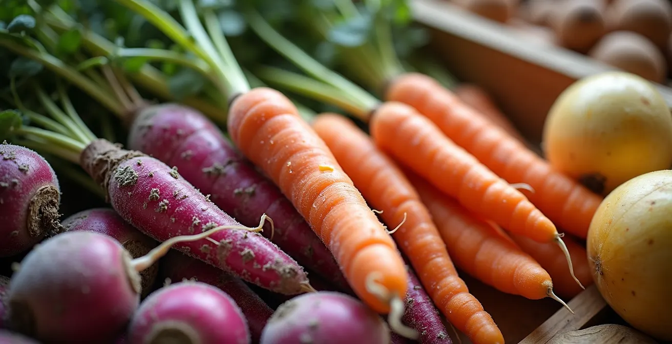 Vue macro détaillée de légumes racines québécois d'hiver avec textures et couleurs vibrantes