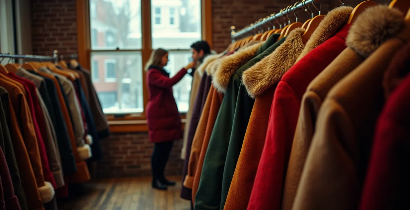 Intérieur chaleureux d'une friperie montréalaise avec vêtements d'hiver colorés