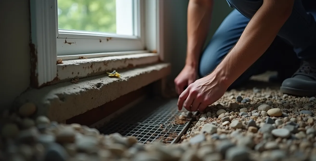 Vue extérieure d'une margelle de fenêtre de sous-sol avec système de drainage et pente négative du terrain