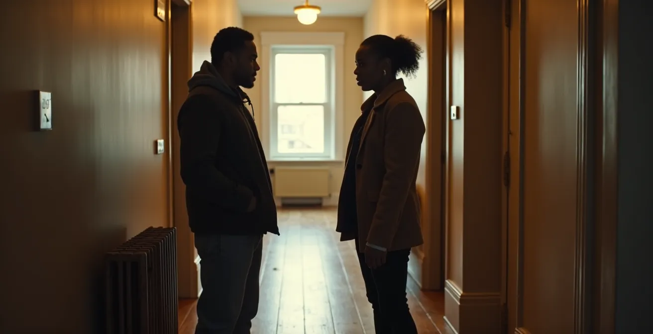 Deux voisins discutant calmement dans le couloir d'un immeuble montréalais