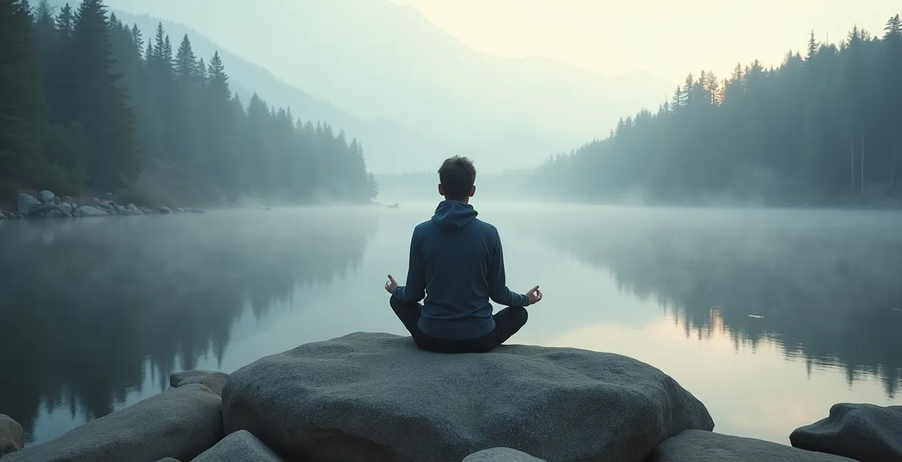 Personne méditant sur un rocher au bord d'un lac calme entouré de forêt