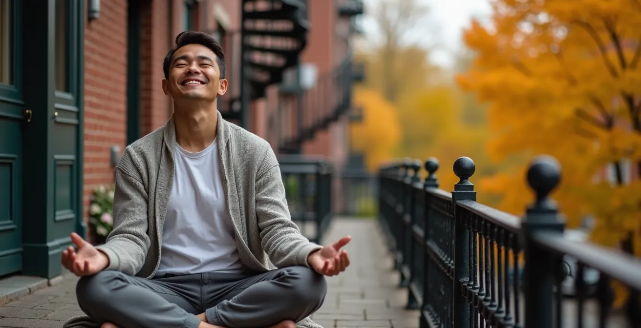 Personne méditant sur un balcon du Plateau Mont-Royal avec vue sur la ville, posture décontractée