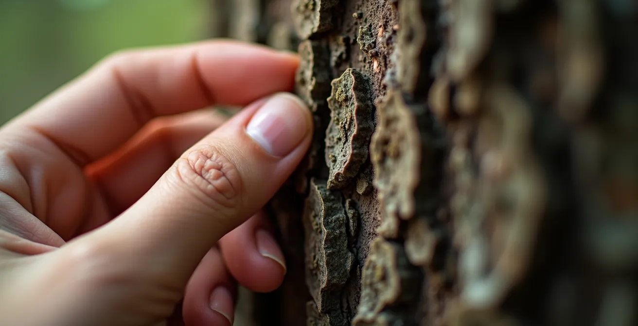 Gros plan extrême sur la texture de l'écorce d'un érable avec main humaine en contact méditatif