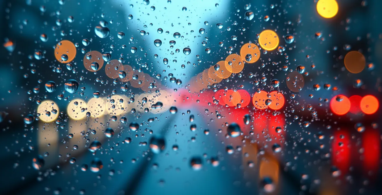 Vue macro de gouttes d'eau sur une surface avec reflets abstraits évoquant le mouvement et la fluidité
