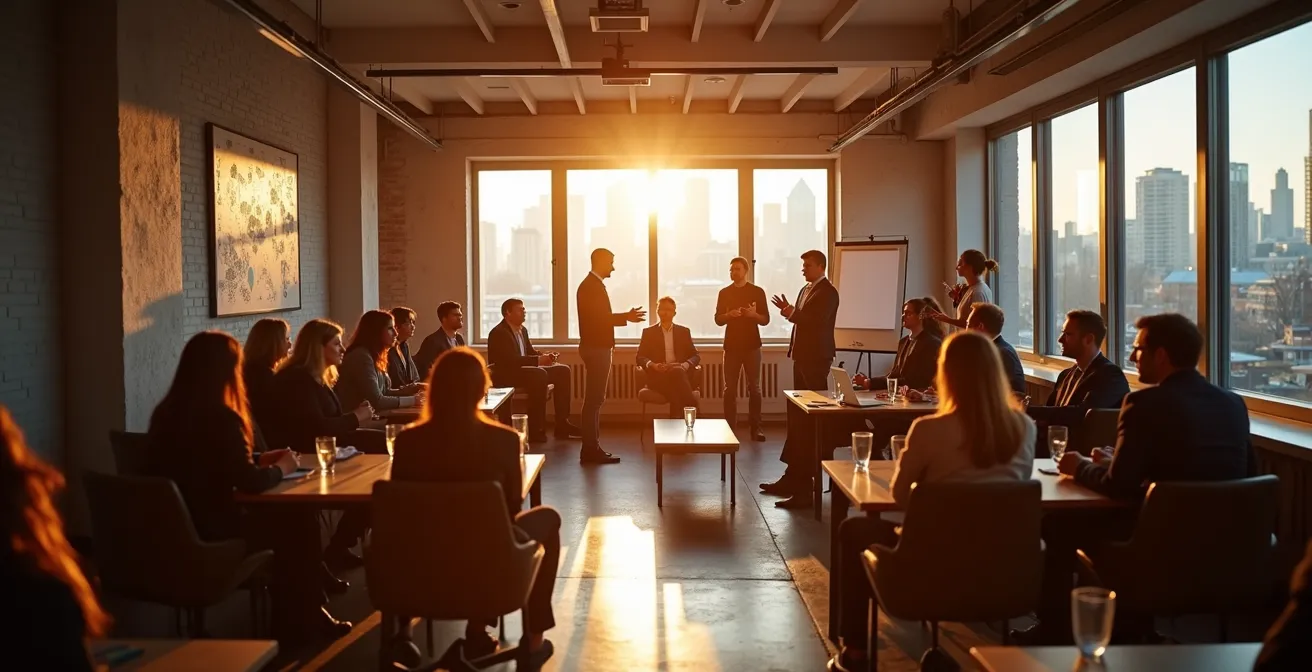 Événement de réseautage tech dans un espace de coworking montréalais avec entrepreneurs en discussion