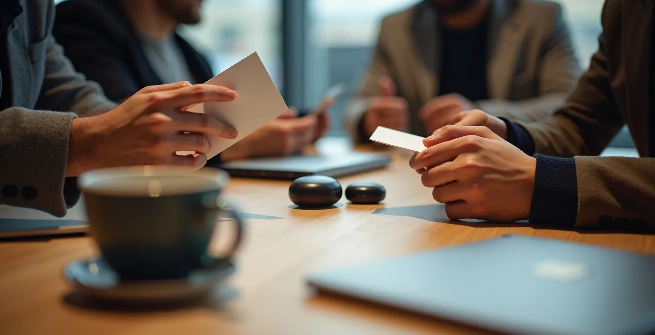 Vue macro d'une table de travail lors d'un meetup tech avec matériel technologique