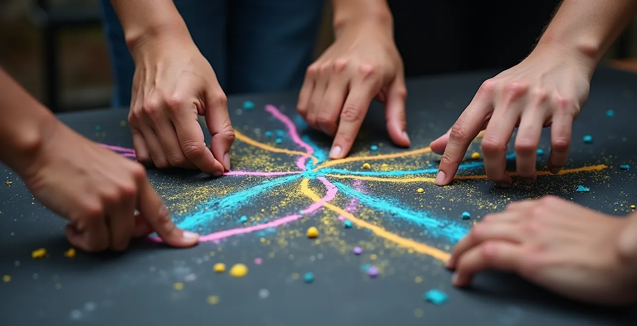Vue macro de mains traçant des lignes colorées sur une surface, symbolisant les connexions communautaires