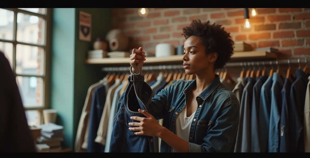 Personne appliquant la méthode BISOU dans une friperie montréalaise, entourée de vêtements vintage