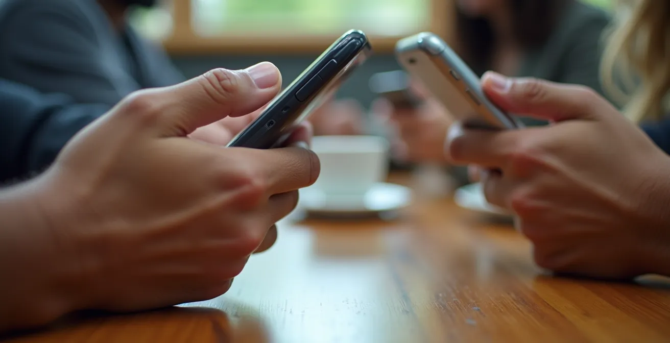 Gros plan sur des mains tenant des smartphones lors d'une rencontre communautaire, montrant la coordination digitale d'une action de quartier