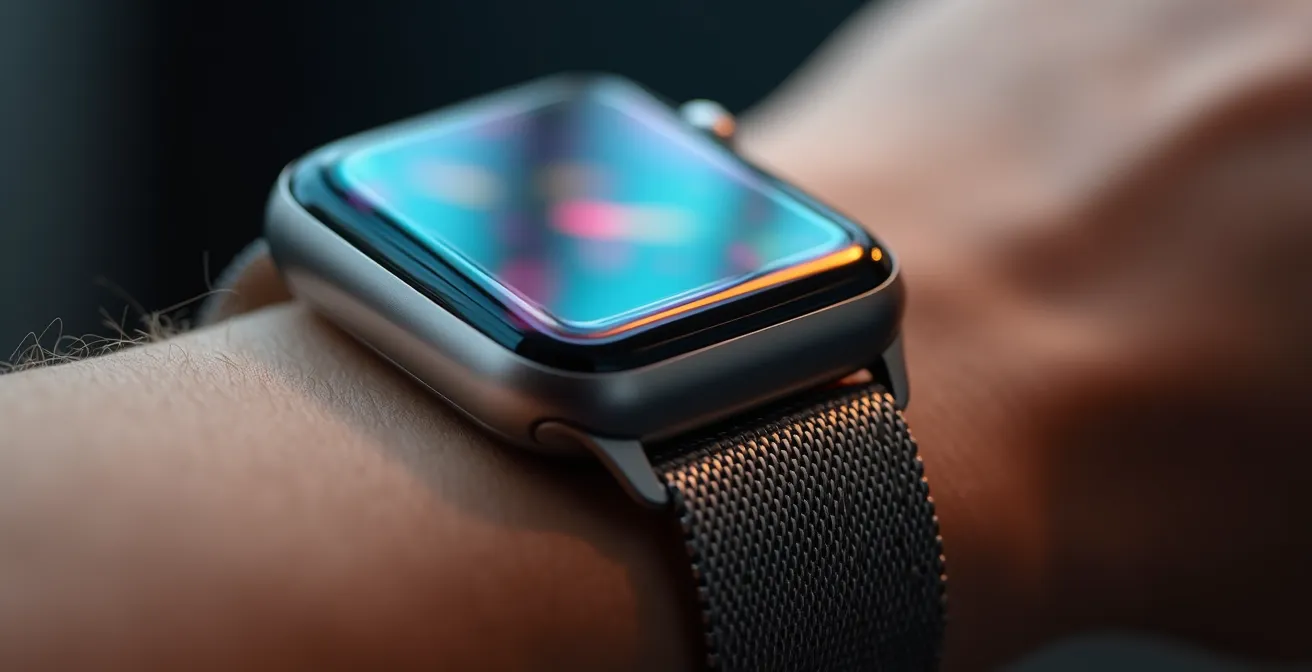 Vue macro d'une montre connectée affichant des données de santé abstraites