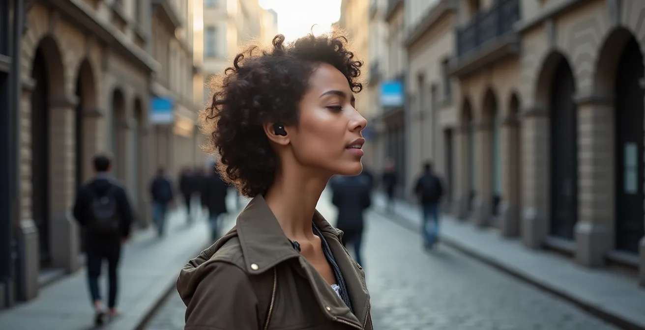Personne écoutant un balado avec écouteurs dans le Vieux-Montréal, architecture historique en arrière-plan