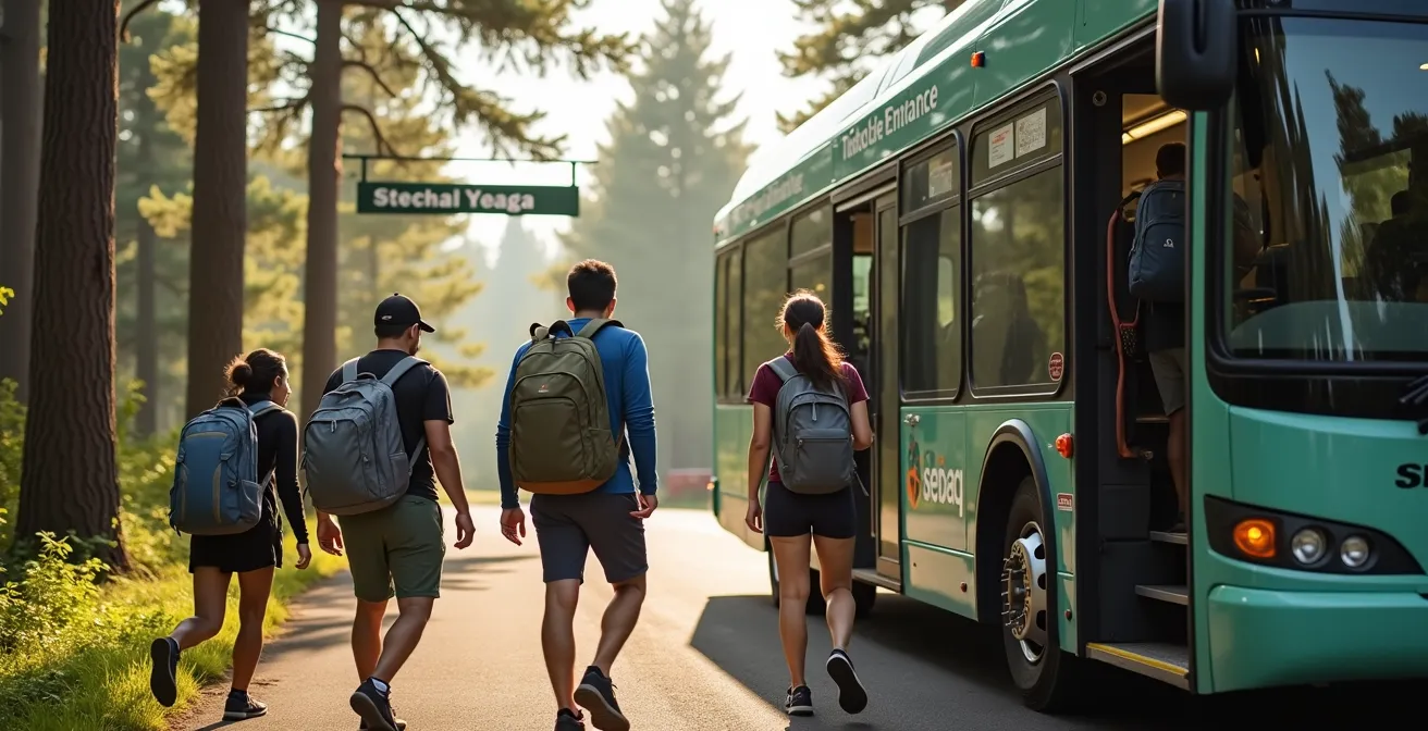 Autobus moderne garé devant l'entrée boisée d'un parc national avec randonneurs descendant avec leur équipement