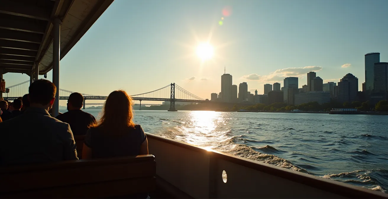 Vue arrière de passagers sur une navette fluviale traversant le fleuve Saint-Laurent